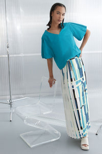 V-Neck Blouse - Puff Sleeve Cotton Blend | Ming Wang