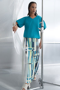 V-Neck Blouse - Puff Sleeve Cotton Blend | Ming Wang