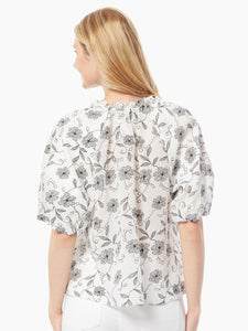 Tie-Neck Puff Sleeve Cotton-Blend Peasant Blouse in the color NYC White/Jones Black | Jones New York