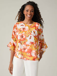 Carrie Blouse, Soft Drape, Papaya/Off White Multi | Meison Studio Presents Kasper