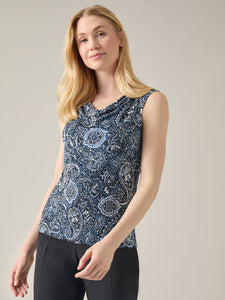 Cap Sleeve Paisley Tank, Everyday Knit, Blue Heron Multi | Kasper