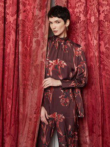 Floral Gathered Mock Neck Crepe de Chine Blouse, Mahogany/Classic Red/Venetian Rose/Biscotti/Black | Meison Studio Presents Misook