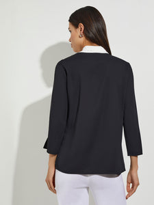 Contrast Tie V-Neck Crepe de Chine Blouse, Black/White | Misook