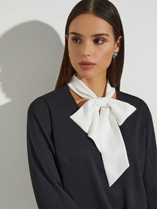 Contrast Tie V-Neck Crepe de Chine Blouse, Black/White | Misook