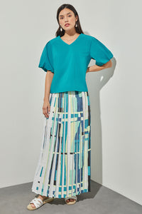 V-Neck Blouse - Puff Sleeve Cotton Blend | Ming Wang