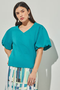V-Neck Blouse - Puff Sleeve Cotton Blend | Ming Wang