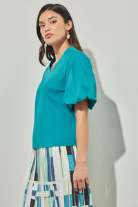 V-Neck Blouse - Puff Sleeve Cotton Blend | Ming Wang