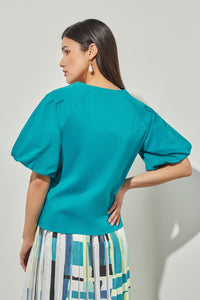 V-Neck Blouse - Puff Sleeve Cotton Blend | Ming Wang