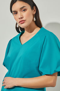 V-Neck Blouse - Puff Sleeve Cotton Blend | Ming Wang